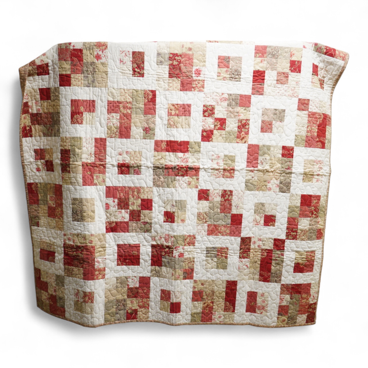 A contemporary patchwork quilt, with label: Quilts from the shed, handmade with love by Suzanne. 138cm x 136cm